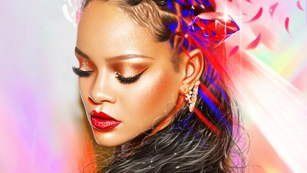 Close up of Rihanna with glitter makeup and red lips in digital art style