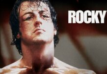 Rocky with a bruised and sweaty face after a boxing match in the Rocky series