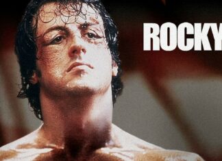 Rocky with a bruised and sweaty face after a boxing match in the Rocky series