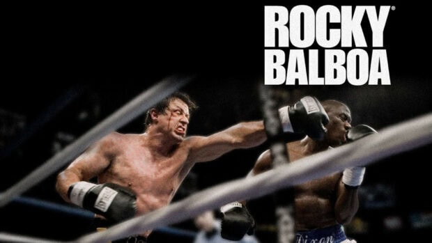 Rocky delivering a powerful punch in a boxing match with intense focus and determination