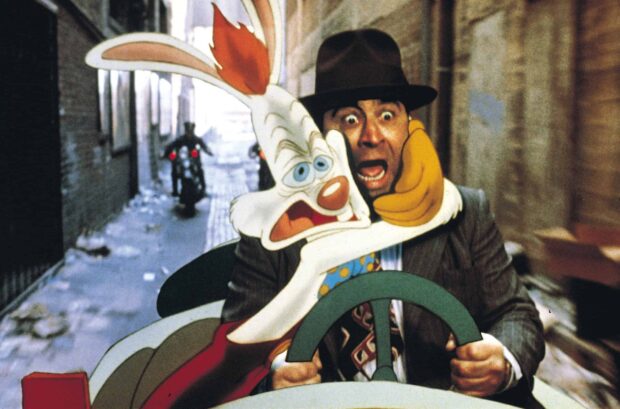 Roger Rabbit and a man looking scared while driving a car in a narrow alley with motorcycles behind them
