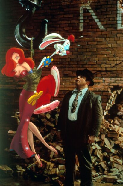 Roger Rabbit tied up with a red dress woman in an alley featuring Roger Rabbit