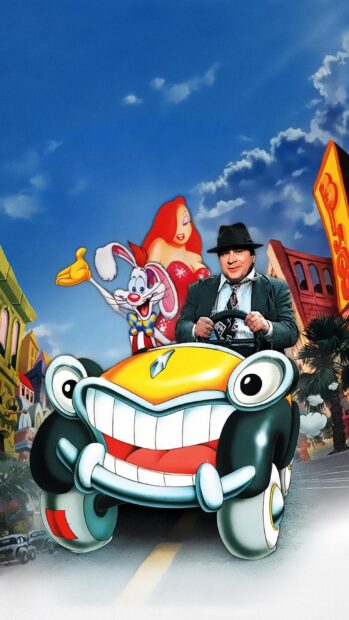 Roger Rabbit and Jessica driving a cartoon car with a man in a hat on a city street