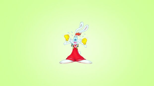 Roger Rabbit character wearing red overalls and yellow gloves on a light green background