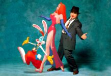 Roger Rabbit with Jessica Rabbit and Eddie Valiant posing together in a vibrant scene