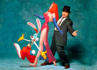 Roger Rabbit with Jessica Rabbit and Eddie Valiant posing together in a vibrant scene