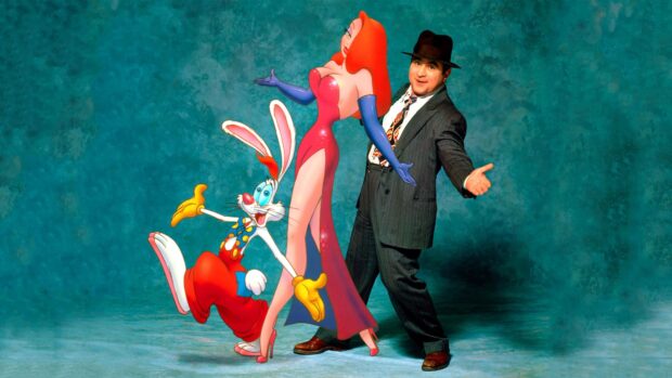 Roger Rabbit with Jessica Rabbit and Eddie Valiant posing together in a vibrant scene