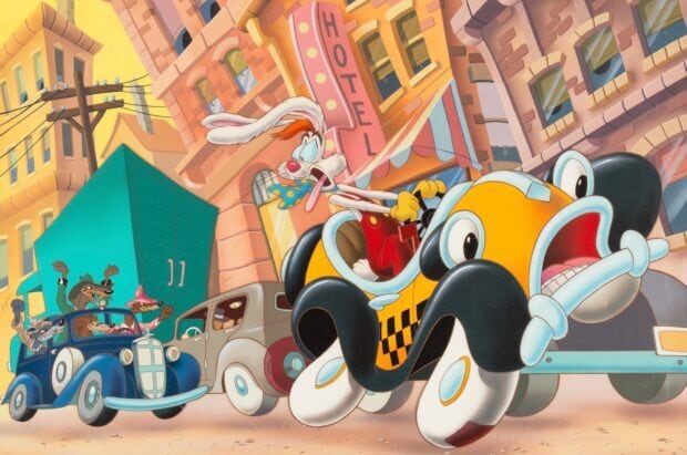Roger Rabbit cartoon character driving a vintage car in a city chase scene