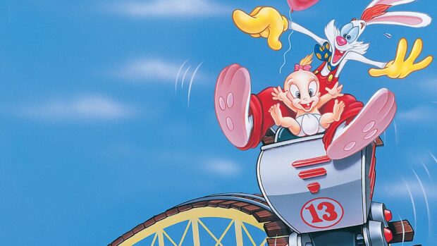 Roger Rabbit character enjoying a roller coaster ride with a baby character on a sunny day