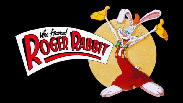 Roger Rabbit character wearing red overalls and yellow gloves standing excitedly with a yellow circle background