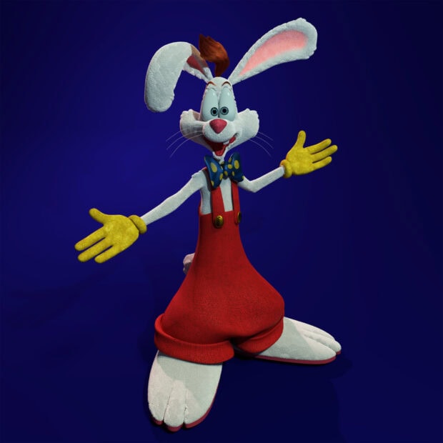 Roger Rabbit character wearing red overalls and yellow gloves standing with arms open