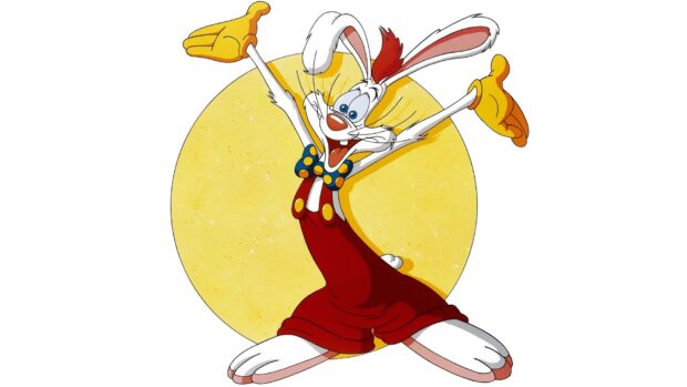 Roger Rabbit is happily jumping with open arms wearing red overalls and a bow tie