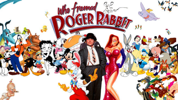 The Roger Rabbit character surrounded by various animated characters from the movie Roger Rabbit