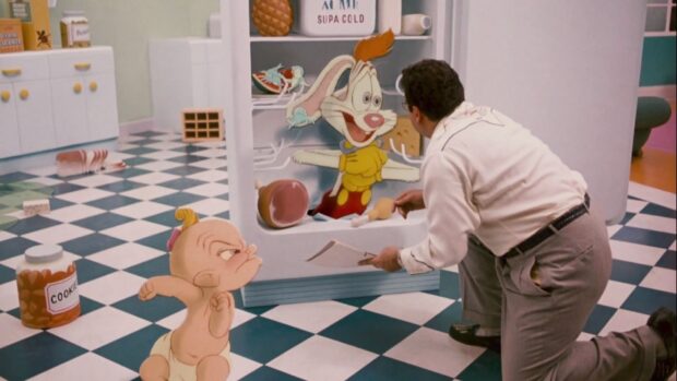 A man interacting with Roger Rabbit in the refrigerator in a colorful kitchen scene