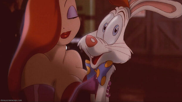 Jessica Rabbit smiling with Roger Rabbit in a close embrace