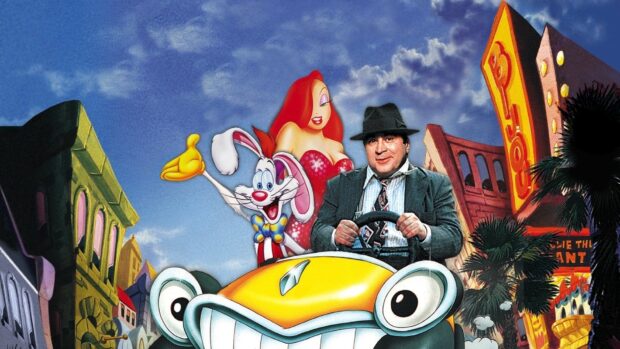 Roger Rabbit and cartoon characters posing in a yellow car in a colorful cityscape background