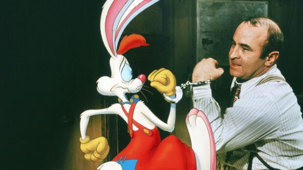 Roger Rabbit movie character facing a man in handcuffs in an intense scene