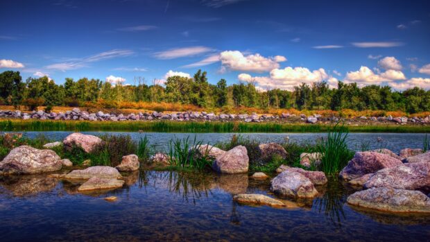A peaceful Romanian landscape featuring a clear river with rocks and lush trees in the background