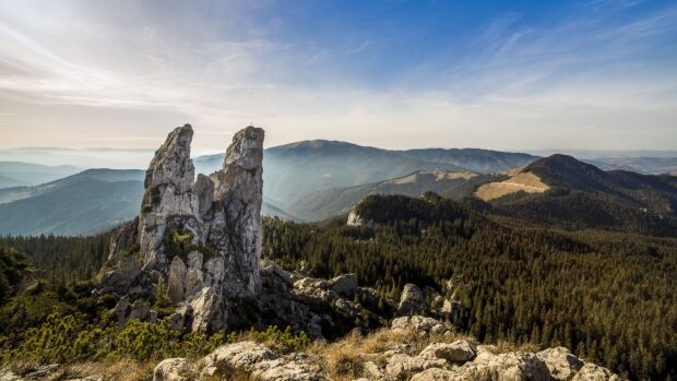 Two tall rock formations standing above dense forest in Romania