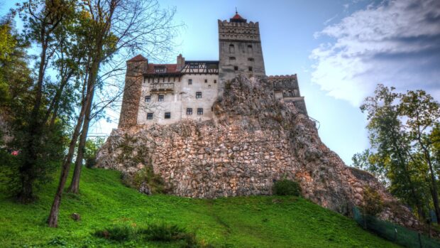 A historic castle perched on a rocky hill in Romania surrounded by lush green trees and grass