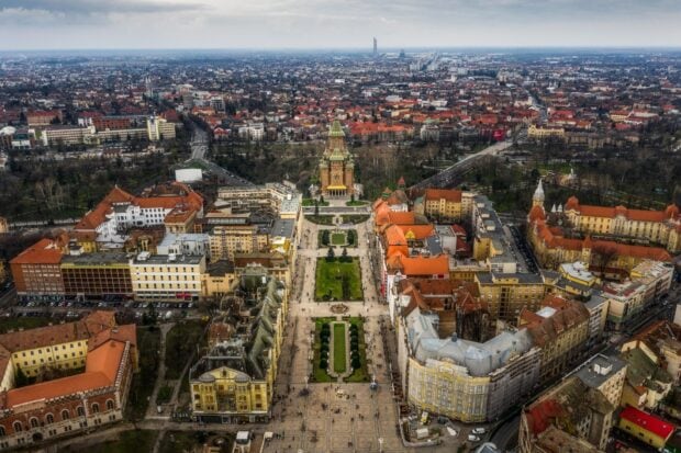 Aerial view of Romania city center featuring historic architecture and vibrant urban landscape