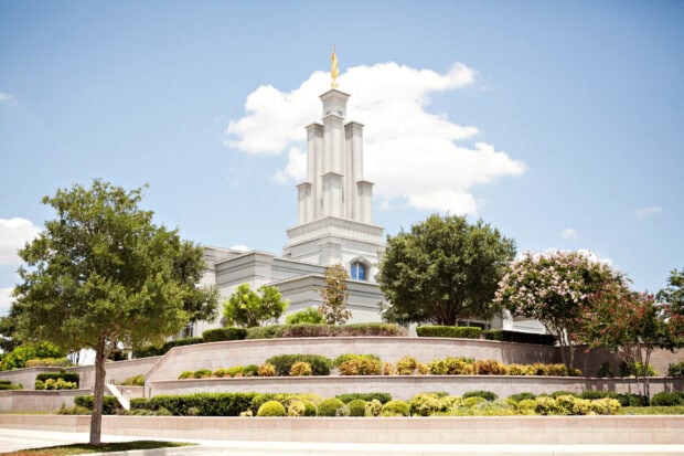 The San Antonio Texas temple surrounded by lush greenery and trees under a clear blue sky