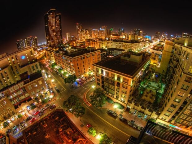 Night cityscape view of San Diego California streets and buildings