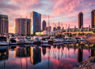 San Diego California city skyline with boats docked at the marina at sunset