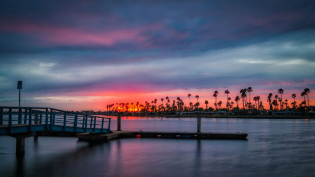 Sunset over San Diego California coastline with palm trees and calm water
