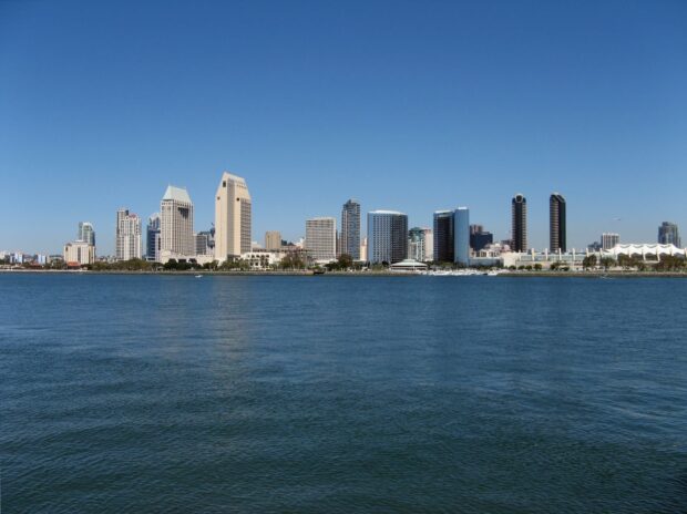 San Diego city skyline with clear blue sky over the water in California