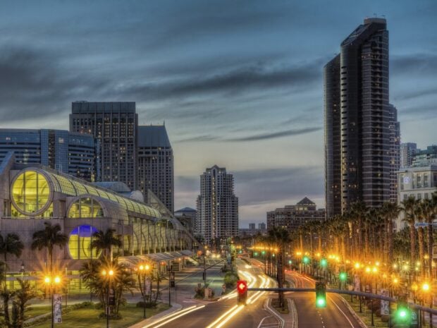 San Diego city skyline with modern buildings and palm trees at dusk