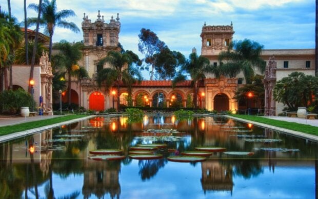 Historic architecture with water garden in San Diego California scenic view