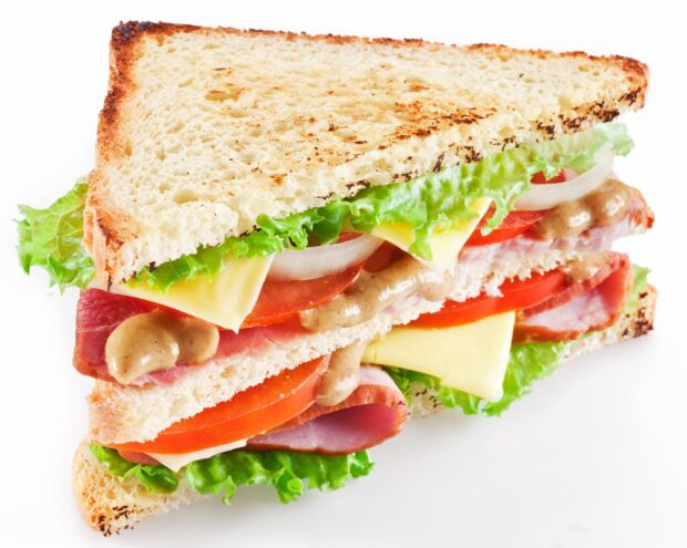 Toasted sandwich with ham cheese lettuce tomato and sauce filling
