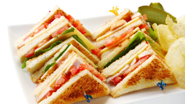 Toasted sandwich with fresh tomato and lettuce on a white plate