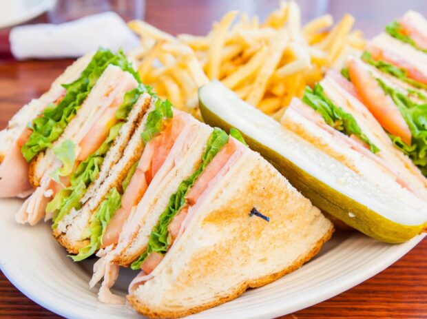 A fresh sandwich with turkey lettuce and tomato served with fries and a pickle on a plate