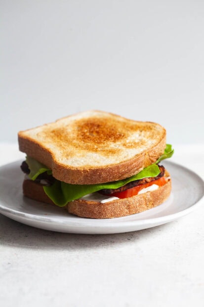 Toasted sandwich with lettuce and tomato on a white plate