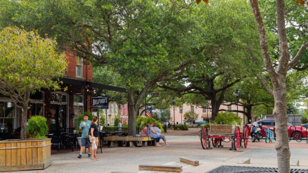 People walking and sitting under large trees in a charming Savannah Georgia urban park