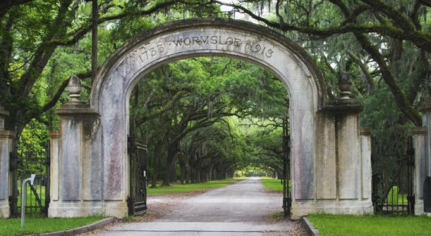 Historic Wormsloe entrance gate surrounded by oak trees in Savannah Georgia