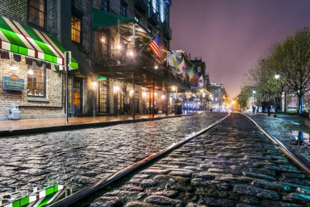 Historic Savannah street with cobblestone pavement and flags in the evening light