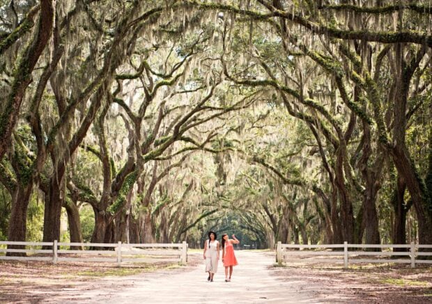 Two women walking under oak trees covered with Spanish moss in Savannah Georgia