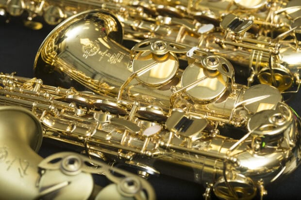 Close up of a saxophone showing detailed keys and body design