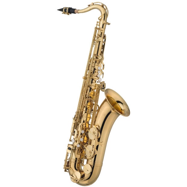 Golden saxophone with detailed keys on white background for saxophone enthusiasts