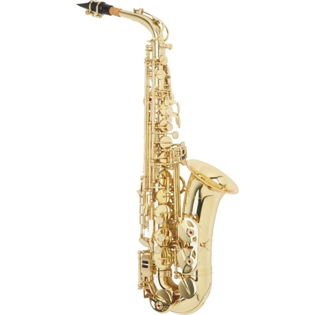 Golden saxophone with detailed keys standing upright on white background