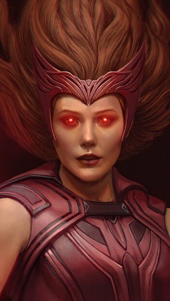 Scarlet Witch character with glowing red eyes wearing a red headpiece and armor
