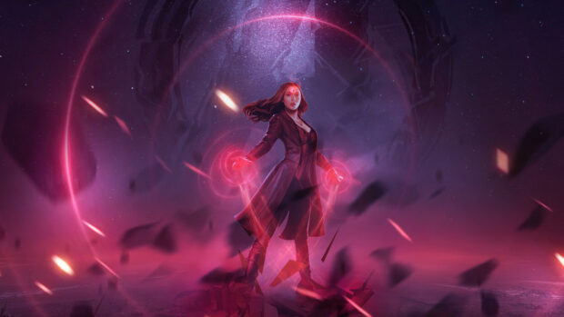 Scarlet Witch standing with glowing red magic powers in a dark mystical environment