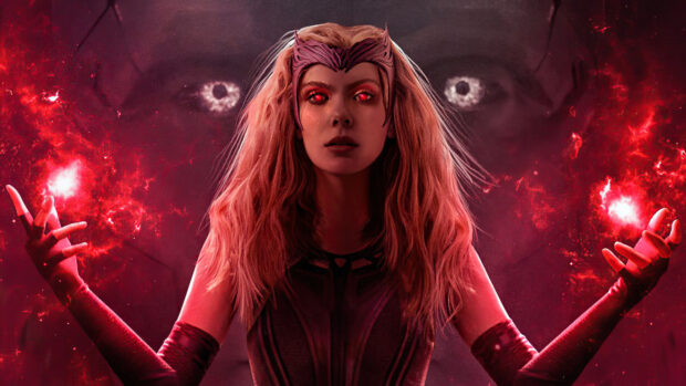 Scarlet Witch using her powers with glowing red eyes and magical energy in a dark background