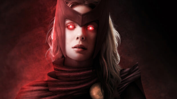Scarlet Witch with glowing eyes and red headpiece in a dark red atmosphere