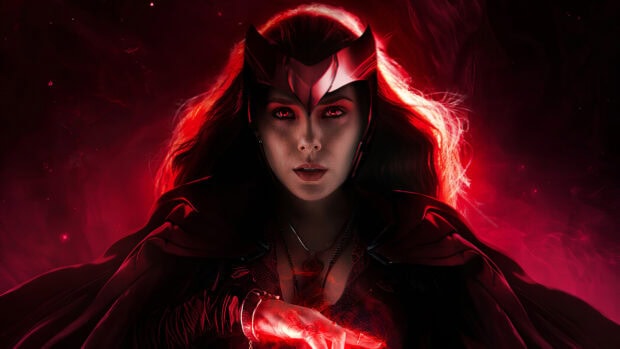 Scarlet Witch with glowing red eyes casting magic in a dark mystical setting