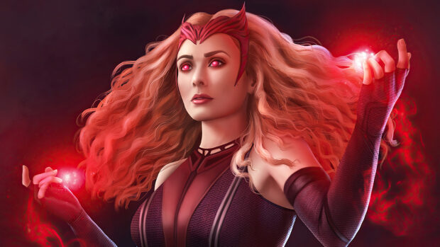 Scarlet Witch character showcasing powerful magic with glowing red eyes and flowing hair