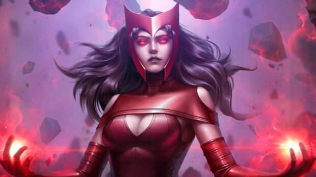 Scarlet Witch character with glowing red eyes and energy powers surrounded by floating rocks